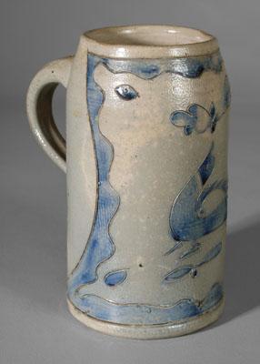 Appraisal: Good stoneware mug incised bird in panel with scalloped border