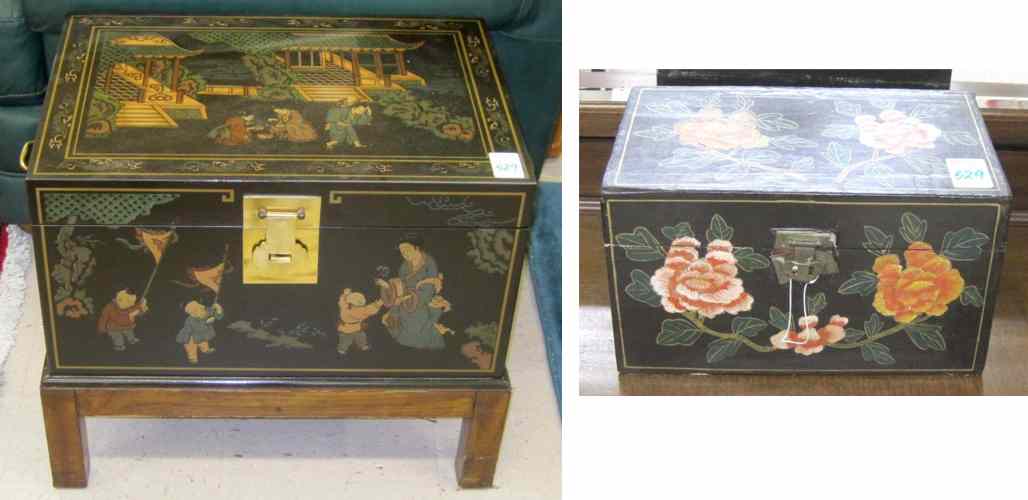 Appraisal: TWO BLACK CHINOISERIE STORAGE BOXES small Chinese made paper mache