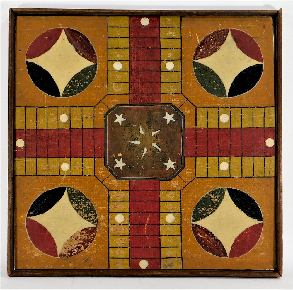 Appraisal: C American Folk Polychrome Parcheesi Game Board United States Early