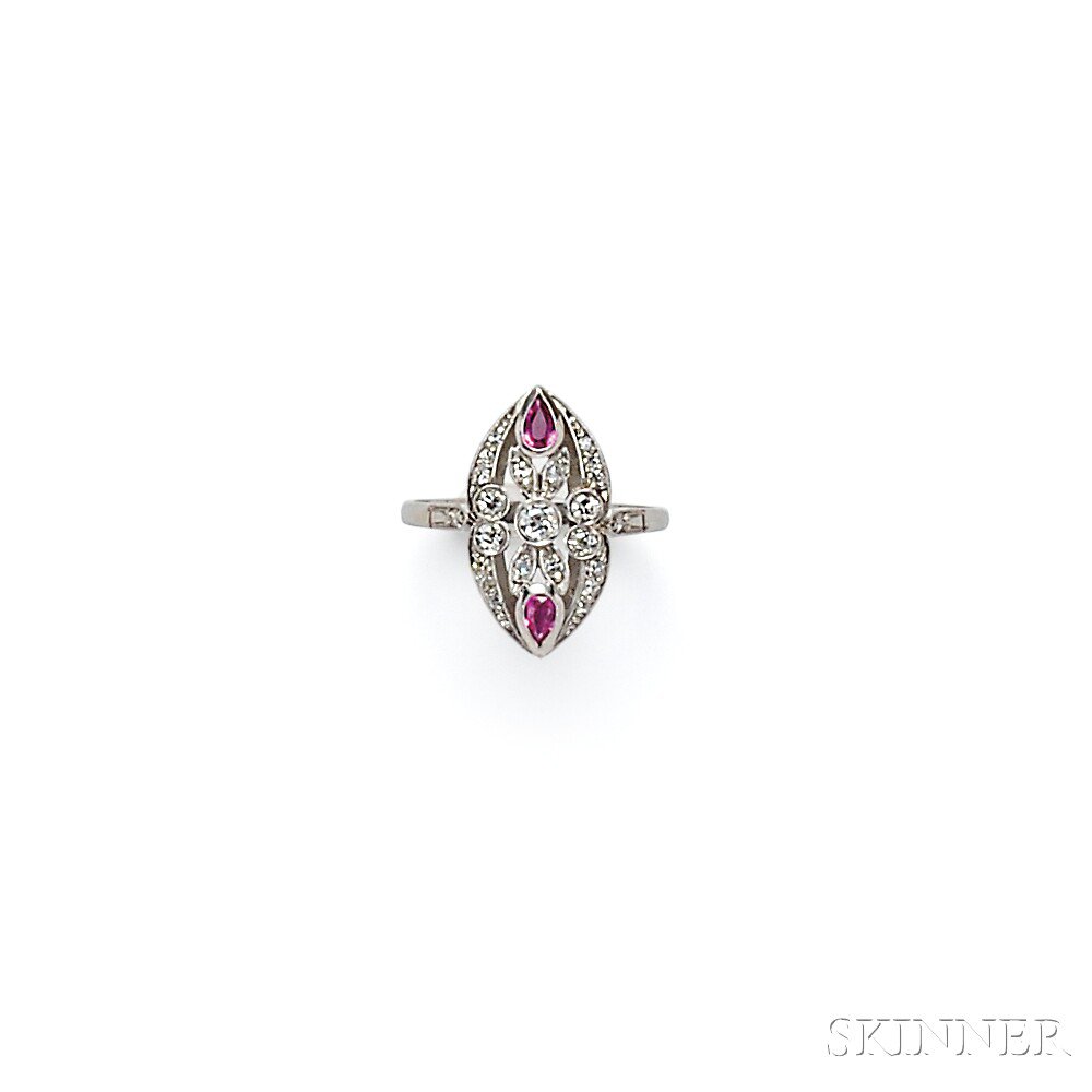 Appraisal: Platinum Ruby and Diamond Ring of navette-form set with pear-shape