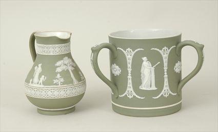 Appraisal: Wedgwood Green Jasperware Pitcher and Loving Cup Marked to in