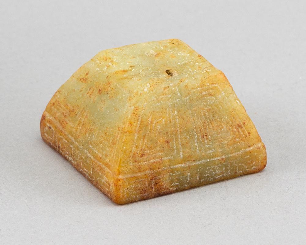 Appraisal: CHINESE CARVED CELADON JADE SEAL POSSIBLY TH CENTURY HEIGHT BASE