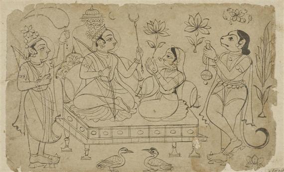 Appraisal: THREE DRAWINGS OF VISHNU AND SCENES FROM THE RAMAYANA India