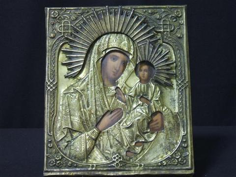 Appraisal: RUSSIAN ICON OF VIRGIN AND CHILD Gilt-metal mounted with polychrome