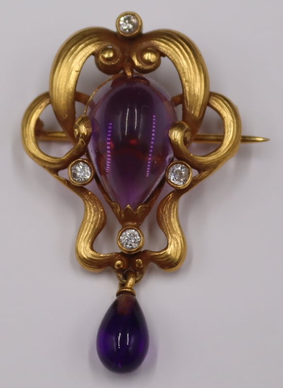 Appraisal: JEWELRY SIGNED ART NOUVEAU KT GOLD AMETHYST and Diamond Brooch