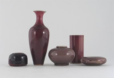 Appraisal: Five Chinese copper red glazed items including two vases a