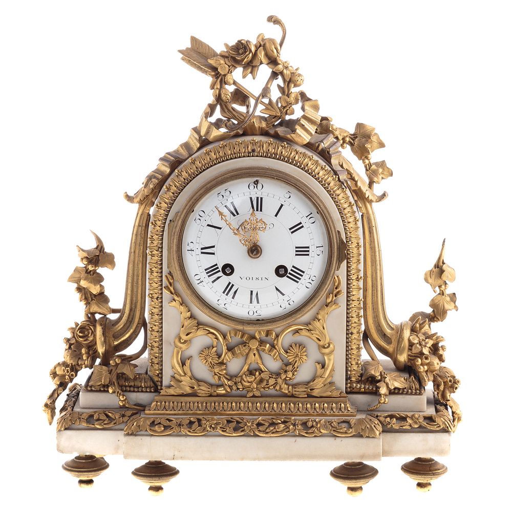 Appraisal: French Rococo Marble Ormolu Mantle Clock Circa carved white marble