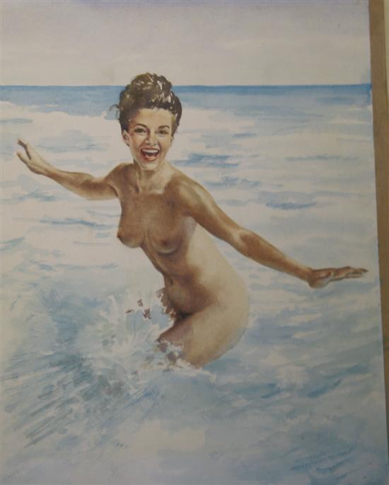 Appraisal: Wilfred G May watercolour of a female nude in surf