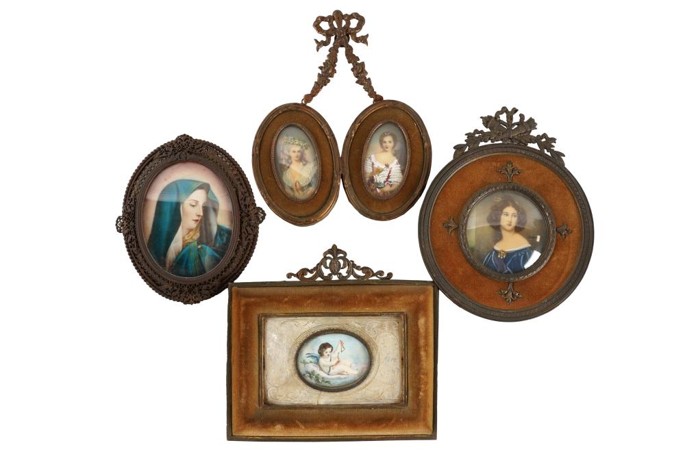 Appraisal: FOUR PORTRAIT MINIATURESeach framed under glass Condition double portrait with