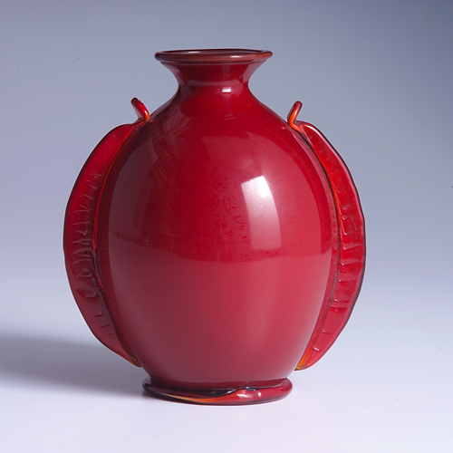 Appraisal: NAPOLEONE MARTINUZZI Rosso Corallo red opaque glass urn with two