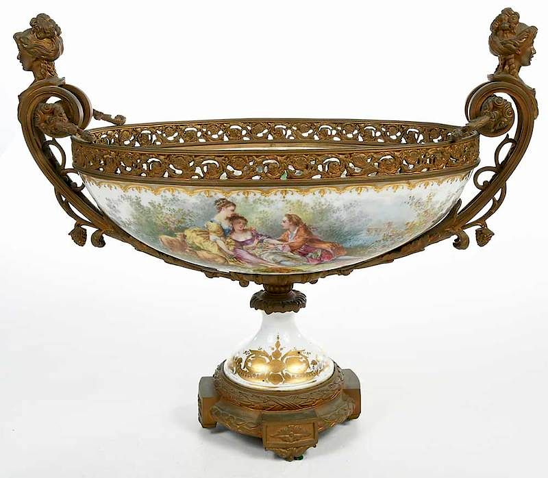 Appraisal: French Bronze Mounted Center Bowl S vres Style early th