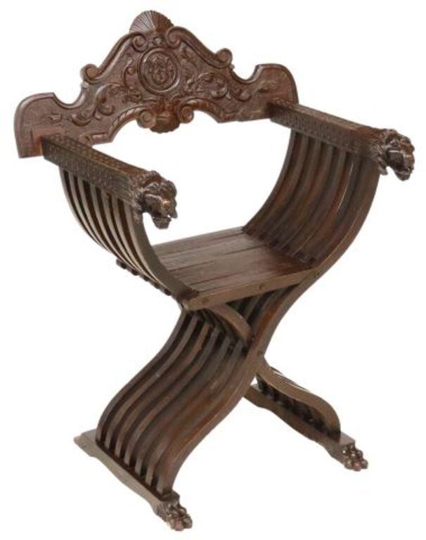 Appraisal: Italian carved walnut Savonarola chair early th c carved back