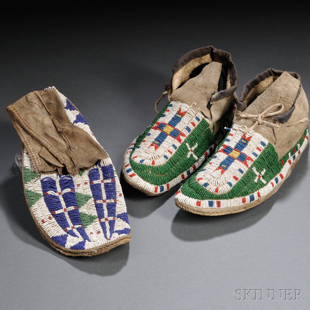 Appraisal: One Single and a Pair of Lakota Beaded Hide Moccasins