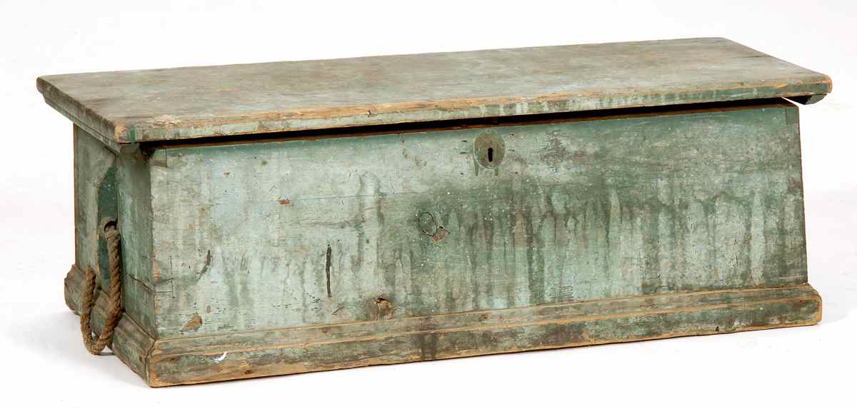 Appraisal: EARLY WOODEN CANTED SEA CHEST th CenturyIn old green paint