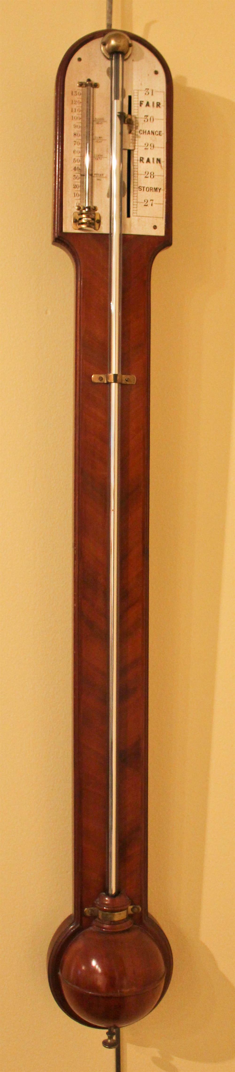 Appraisal: VICTORIAN ROSEWOOD STICK BAROMETER the arched silvered register thermometer and