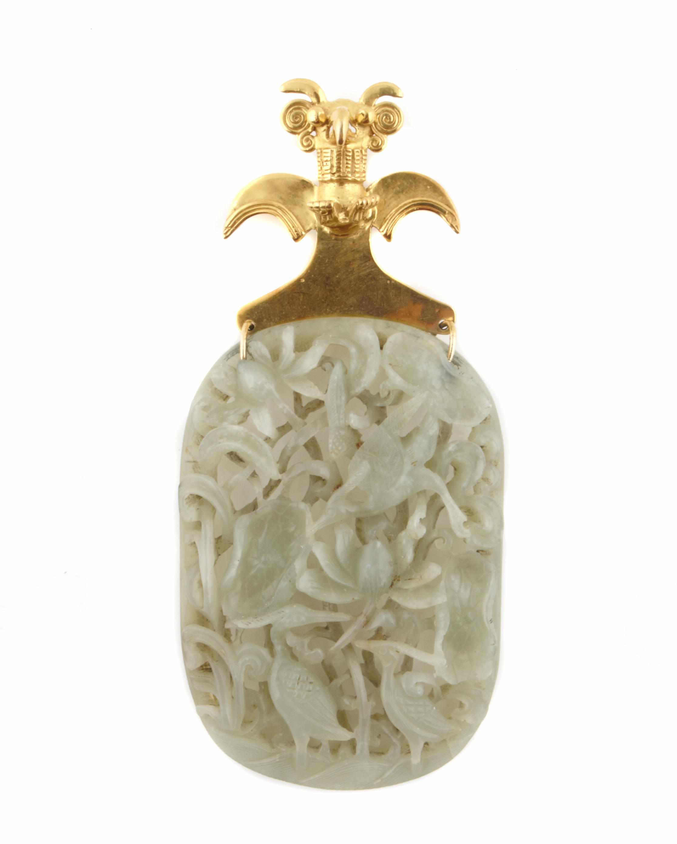 Appraisal: A carved jade and k gold pendant dimensions x in