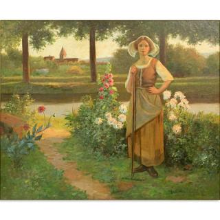 Appraisal: Jean Beauduin Belgian - Oil on canvas Maiden In Garden