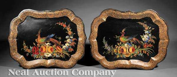 Appraisal: A Pair of T le Peinte Trays gilt-decorated scalloped rims