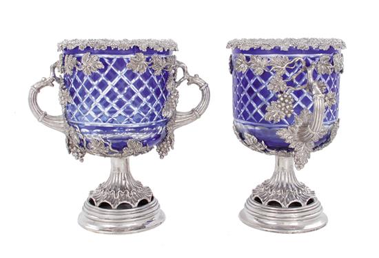 Appraisal: Pair blue cut-to-clear champagne buckets floral and grapevine plated-metal mounts