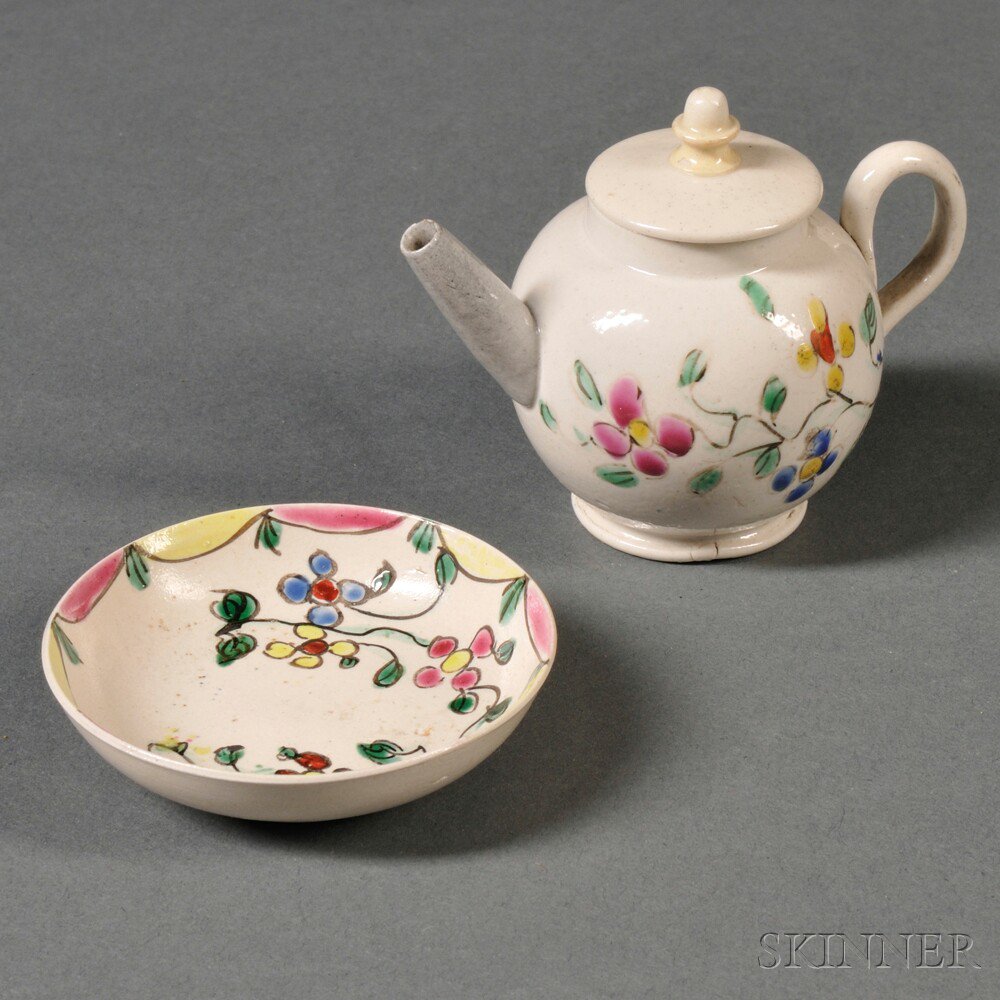 Appraisal: Two Staffordshire Enameled Salt-glazed Miniature Stoneware Items England each floral