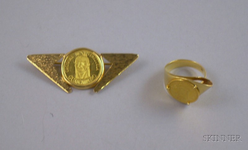 Appraisal: kt Gold and Cacique Coin Brooch and Ring Suite