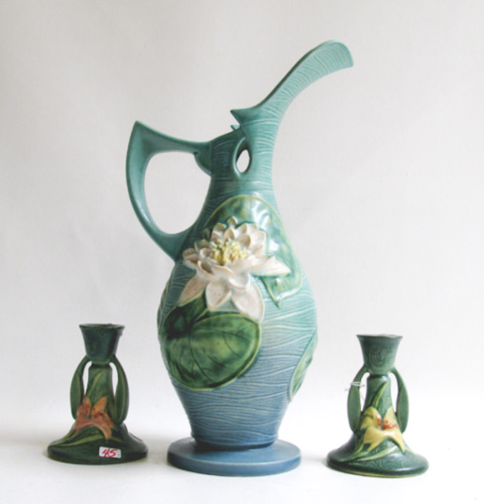 Appraisal: THREE ROSEVILLE ART POTTERY PIECES ewer in the Water Lily