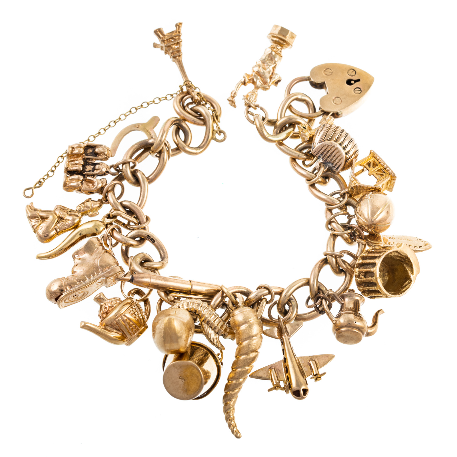 Appraisal: A K GOLD FULL CHARM BRACELET WITH HEART PADLOCK K