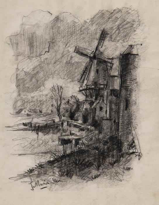 Appraisal: Jacob Henricus Maris - Mill - Molen charcoal on paper