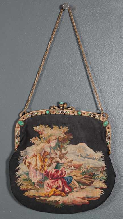 Appraisal: Needle point purse decorated with a gilt metal enamel and