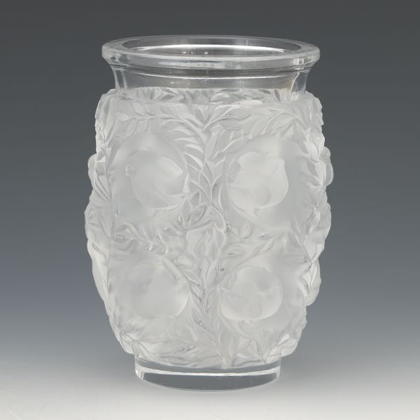 Appraisal: LALIQUE CLEAR AND FROSTED CRYSTAL VASE BAGATELLE PATTERN Rounded shape