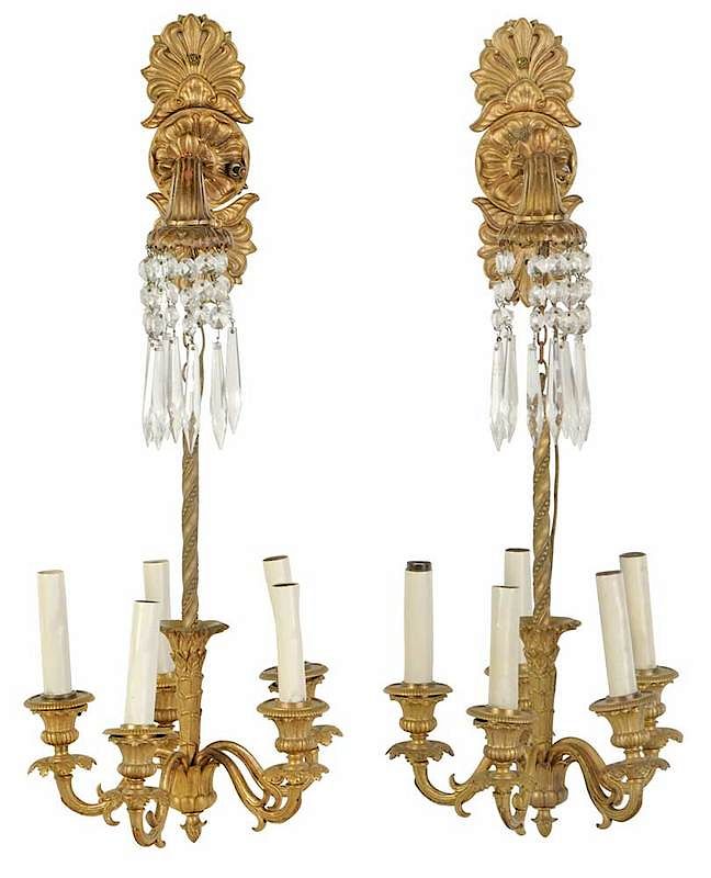 Appraisal: Pair Gilt Bronze Five Light Hanging Sconces Continental backplate with