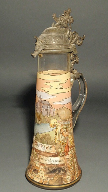 Appraisal: German beer stein painted glass with a pewter lid h