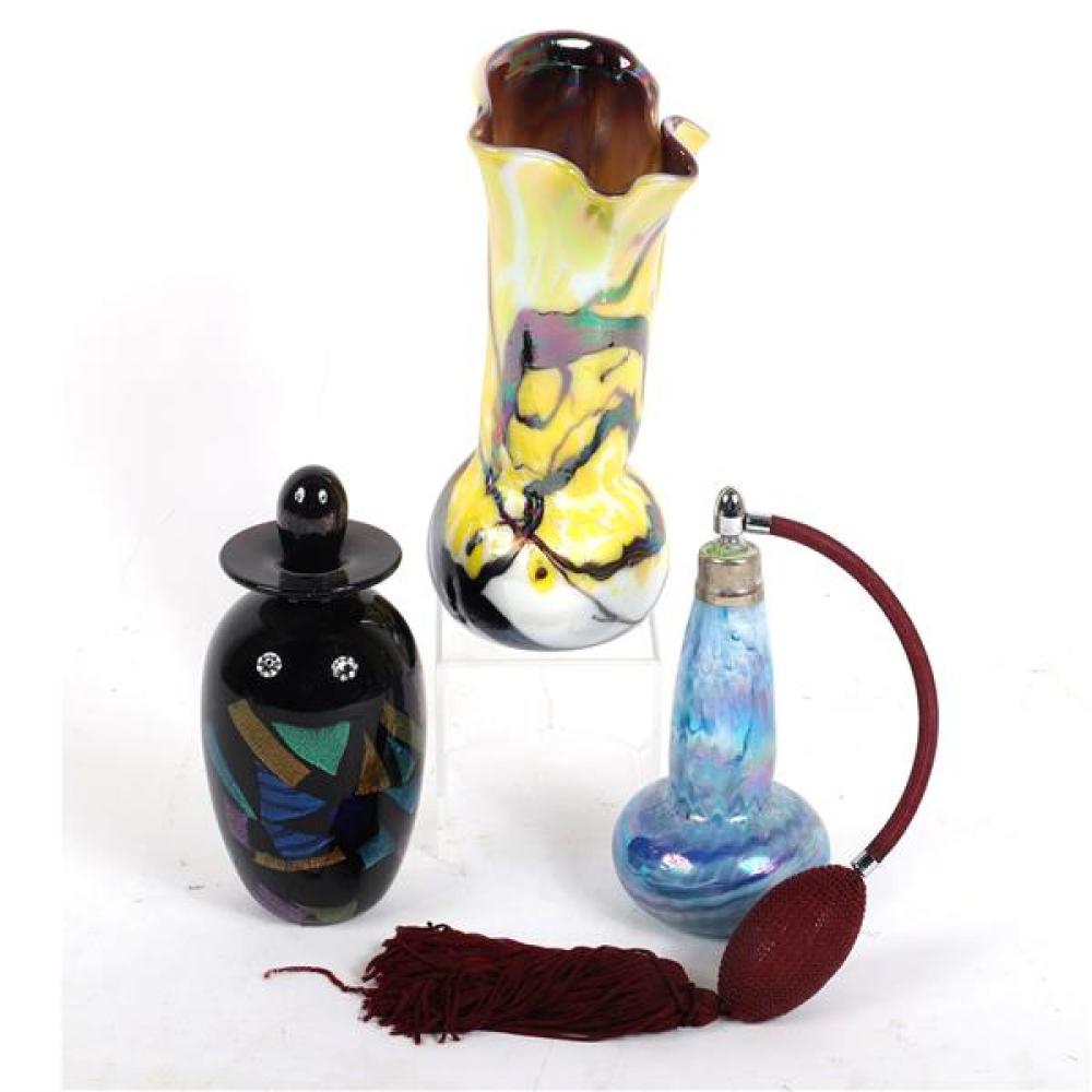 Appraisal: THREE STUDIO ART GLASS VANITY ITEMS PERFUME BOTTLE WITH STOPPER