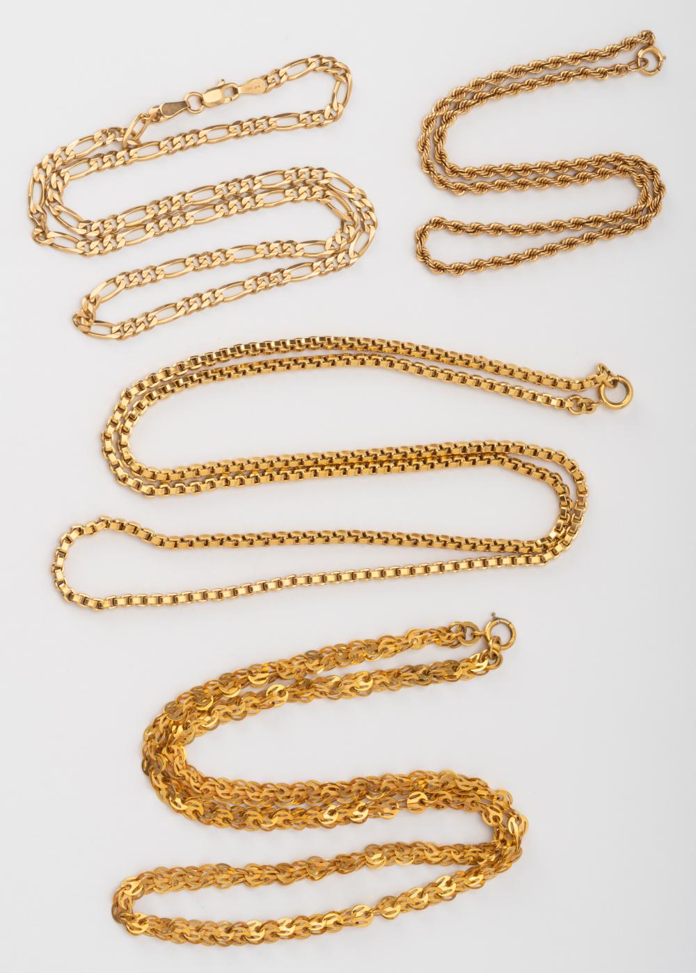 Appraisal: FOUR ASSORTED YELLOW GOLD CHAIN NECKLACESthree karat measuring inches inches