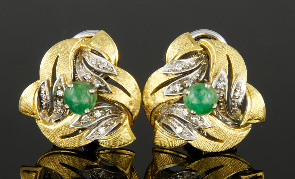 Appraisal: - Pr K Gold Diamond and Emerald Clip Earrings Pair