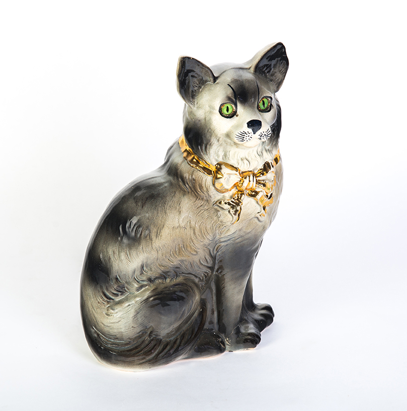 Appraisal: LARGE STAFFORDSHIRE CAT England ca Grey glaze glass eyes gold