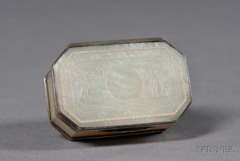 Appraisal: Chinese Export Snuff Box th century hexagonal form engraved mother-of-pearl