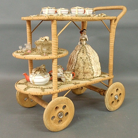 Appraisal: - Rare wicker and wood teacart with porcelain tea service