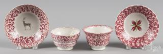 Appraisal: Red sponge spatter cup and saucer with red flower decoration