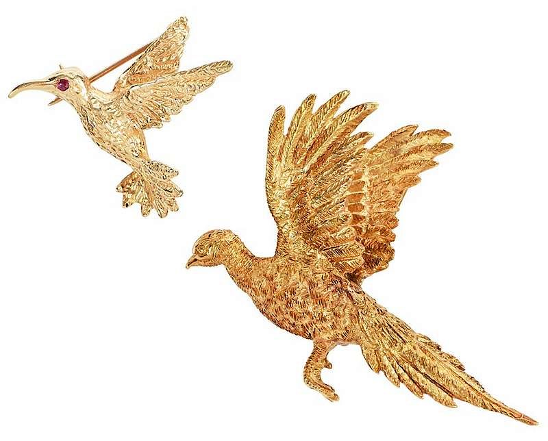 Appraisal: Two Gold Bird Brooches flying pheasant tested kt yellow gold