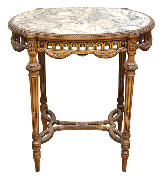 Appraisal: A LOUIS XVI STYLE OVAL WALNUT FRAMED MARBLE TOP SIDE