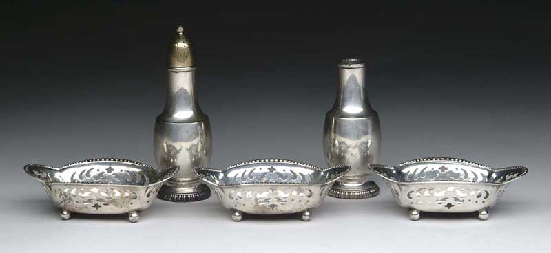 Appraisal: SALT AND PEPPER SHAKERS AND THREE NUT DISHES BY TIFFANY