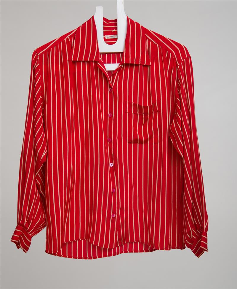 Appraisal: YVES SAINT LAURENT RED STRIPED SILK BLOUSE Size Property of