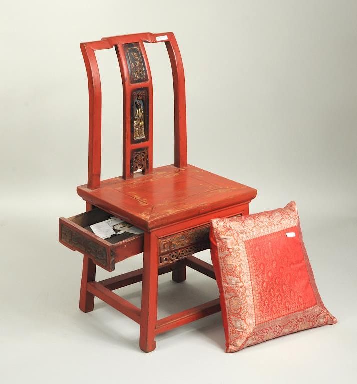 Appraisal: Chinese Carved Lacquered Wood Side Chair Chinese carved and lacquered