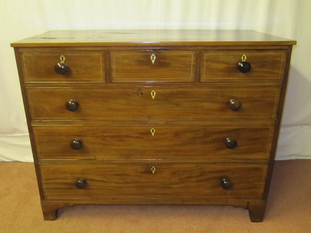 Appraisal: A Victorian mahogany inlaid chest of drawers the three small