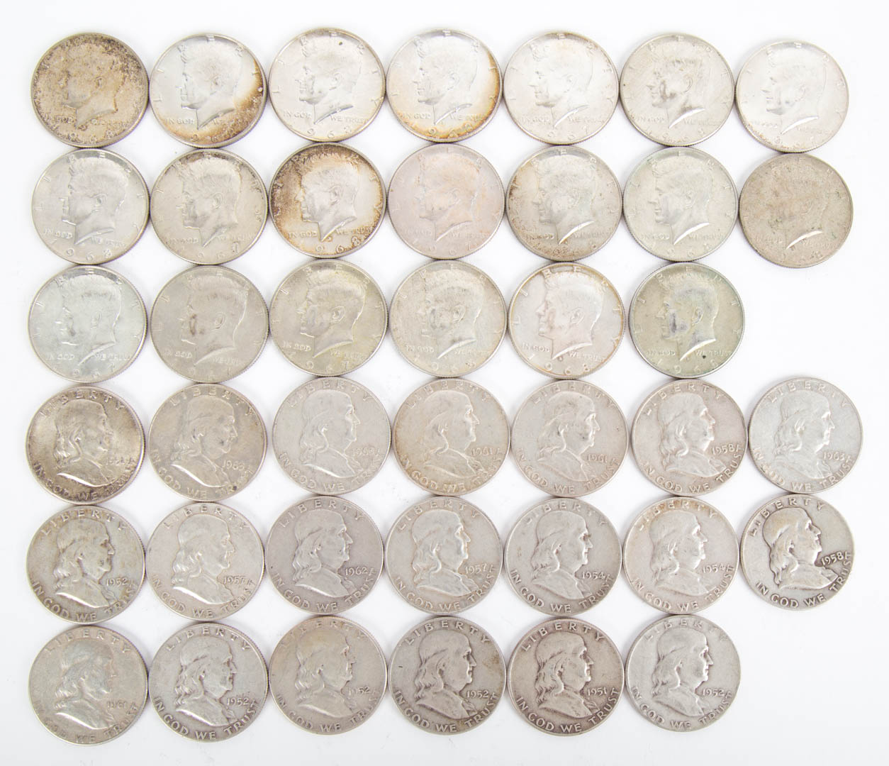 Appraisal: US Franklin and JFK Halves One roll of Franklin Silver