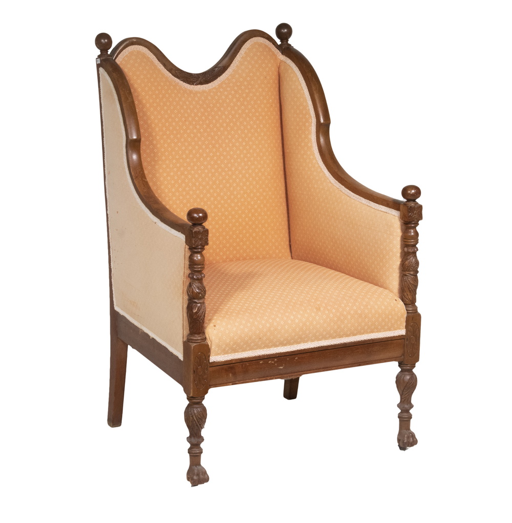 Appraisal: CIRCA UPHOLSTERED MAHOGANY BEREGERE Upholstered Armchair in salmon and white