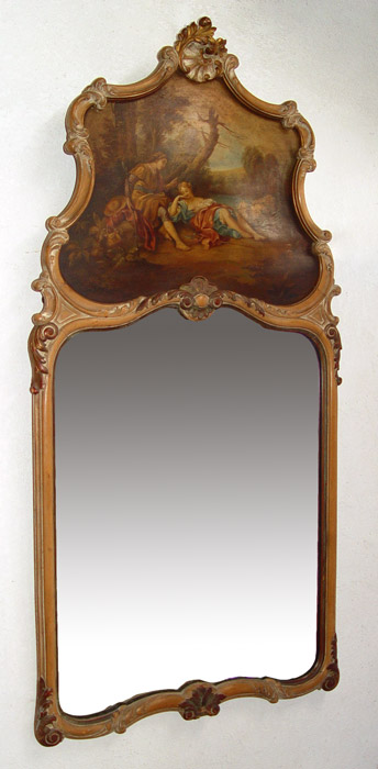 Appraisal: FRENCH PAINT DECORATED TRUMEAU MIRROR Hand painted courting scene on