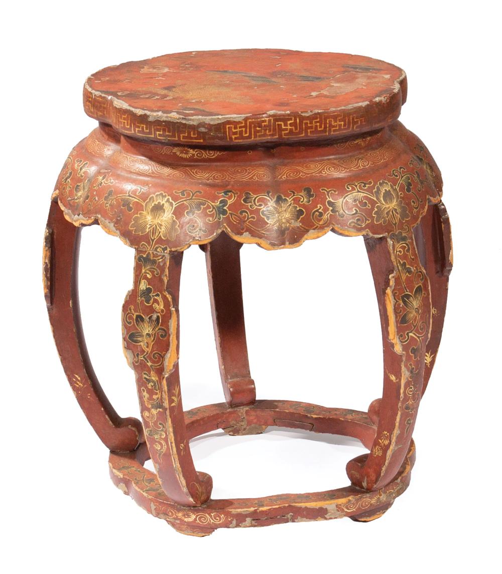 Appraisal: Chinese Polychrome and Gilt Decorated Red Lacquer Stool open barrel-form