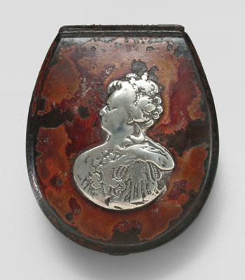 Appraisal: Early toleware snuff box shaped as hinged horseshoe old painted